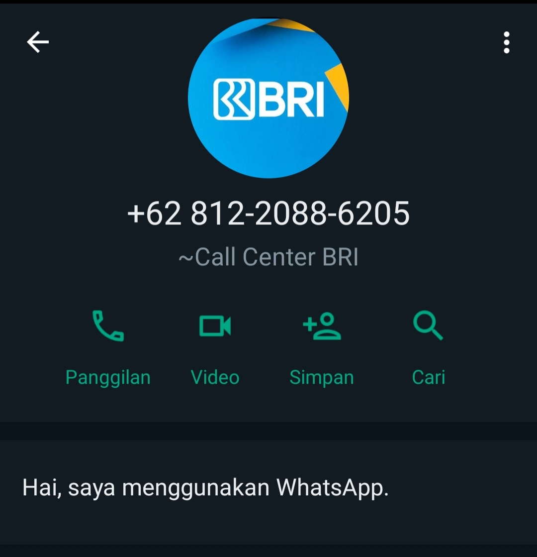 Kontak penipu yang mengatasnamakan Call Center Bank BRI.