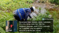 Petugas dari Dinas Lingkungan Hidup Merangin saat mengambil sampel air di parit milik warga. (DETAIL/Daryanto )