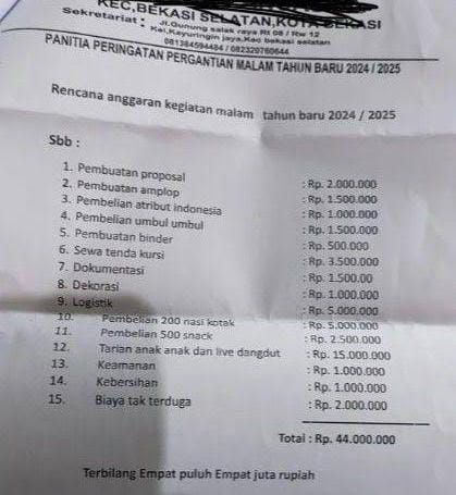 Tertulis rincian anggaran panitian peringatan malam pergantian tahun baru oleh salah satu ormas di Bekasi. (ist)